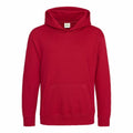 An AWDis Just Hoods JH01J hoodie in plain red, featuring a front pocket and long sleeves, displayed on a white background.
