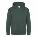 The AWDis Just Hoods JH01J is a green hooded sweatshirt featuring long sleeves, a front pocket, and a basic design, shown against a white background.