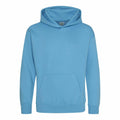A plain light blue hoodie with a front pocket and long sleeves from AWDis Just Hoods, product name JH01J, set against a white background.