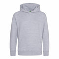 A plain gray hoodie by AWDis Just Hoods, model JH01J, featuring a front pocket and a drawstring hood, displayed against a white background. The soft fabric highlights its casual and comfortable style.