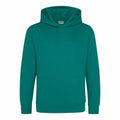 The AWDis Just Hoods JH01J is a plain teal hoodie, featuring long sleeves and a front pocket. It includes a hood without drawstrings and is presented against a white background.
