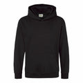 The JH01J from AWDis Just Hoods is a plain black hoodie featuring long sleeves and a front pocket. It comes with a hood without drawstrings and seems to be crafted from a soft material. The product is showcased on a white background.