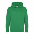 The AWDis Just Hoods JH01J is a plain green hoodie featuring a front pocket and long sleeves, showcased against a white background.
