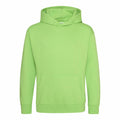 A vibrant green JH01J sweatshirt from AWDis Just Hoods features long sleeves, a front pouch pocket, and ribbed cuffs and hem. It is plain with no visible logos or designs, presented against a white background.