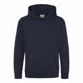 The JH01J from AWDis Just Hoods is a plain, dark navy hoodie featuring a front pocket and long sleeves, displayed against a white background.