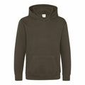 The AWDis Just Hoods JH01J is a plain dark green hooded sweatshirt featuring a front pouch pocket, simple design, and ribbed cuffs and hem.
