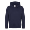 The JH01J by AWDis Just Hoods features a plain navy blue design with long sleeves and a front pocket, showcased on a white background.