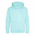Introducing the JH01J by AWDis Just Hoods: a mint green hoodie boasting long sleeves and a convenient front pocket. This hoodie offers a relaxed fit and is designed with a hood that comes without drawstrings, all showcased against a plain white background.
