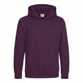 The JH01J by AWDis Just Hoods is a plain dark purple hoodie featuring long sleeves, a front kangaroo pocket, and a hood, with no visible logos or designs.