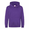 A brand-new JH01J plain purple hoodie from AWDis Just Hoods, featuring long sleeves and a front pocket, is showcased against a white background with the hood up.