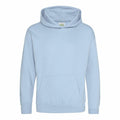The JH01J hoodie by AWDis Just Hoods, featuring a light blue color with a front pocket and long sleeves, is displayed against a white background. It includes a drawstring hood and appears to be crafted from soft, comfortable material.