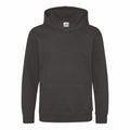 The AWDis Just Hoods JH01J is a plain black hoodie featuring a front pocket and a drawstring hood, showcased against a white background.