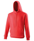 The AWDis Just Hoods JH020 is a plain red hoodie featuring a front pocket and drawstring hood.