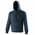The AWDis Just Hoods JH020 is a black hooded sweatshirt featuring a front pocket and drawstrings on the hood, set against a white background.