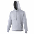 A light gray JH020 hooded sweatshirt by AWDis Just Hoods, featuring a front pouch pocket and drawstrings, is displayed against a plain white background.