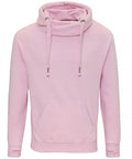 The AWDis Just Hoods JH021 hoodie is a light pink garment with a high neck design and a practical front pocket. It includes a drawstring feature and long sleeves, offering both style and comfort.