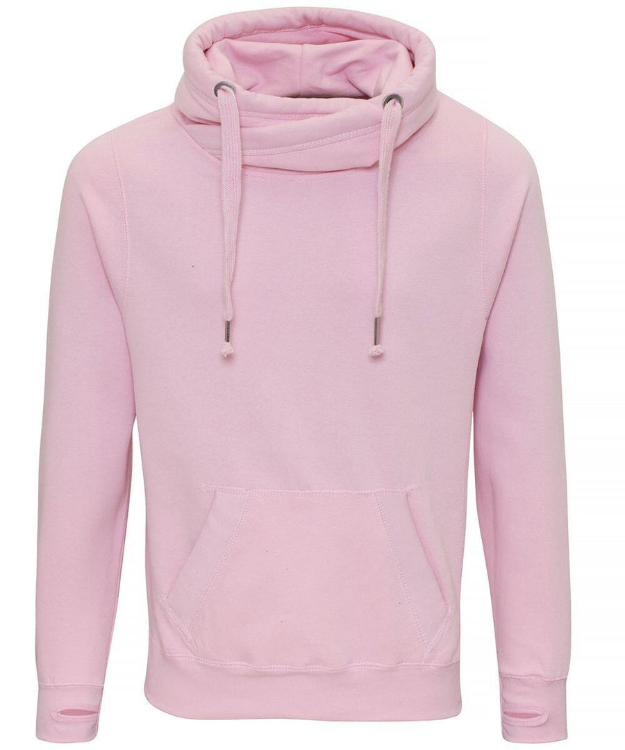 The AWDis Just Hoods JH021 hoodie is a light pink garment with a high neck design and a practical front pocket. It includes a drawstring feature and long sleeves, offering both style and comfort.