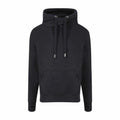 AWDis Just Hoods JH021 is a black hoodie featuring a high neckline, drawstrings, and a front pocket.
