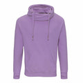 The JH021 by AWDis Just Hoods is a lavender hooded sweatshirt featuring a high neck, drawstrings, and a front pouch pocket. It has long sleeves and a soft, casual design.