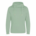 The AWDis Just Hoods JH021 is a light green hoodie featuring a high collar and adjustable drawstrings. It includes a front pocket and long sleeves, making it perfect for casual wear.