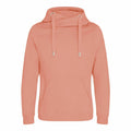 AWDis Just Hoods presents the JH021, a long-sleeve hoodie in coral pink, featuring a drawstring hood and a kangaroo pocket. It is showcased against a white background and boasts simple, casual styling.