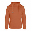 The JH021 hoodie from AWDis Just Hoods is a cozy, rust-orange garment featuring a high collar, adjustable drawstrings, long sleeves, and a front kangaroo pocket. It is showcased against a simple white background.