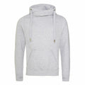 Introducing the JH021 from AWDis Just Hoods: a light gray hoodie designed with a high collar and drawstrings. It includes a convenient front pocket and ribbed cuffs. The hoodie is showcased against a clean, white backdrop.