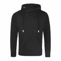 The AWDis Just Hoods JH021 is a plain black hoodie featuring a drawstring hood with silver metal tips, a front pocket, and a high neck design. The fabric appears soft and comfortable.
