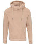 AWDis Just Hoods' JH021 is a beige hoodie featuring a high neckline, drawstrings, and a front kangaroo pocket.