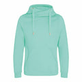 The JH021 by AWDis Just Hoods is a mint green hoodie featuring a front pocket and drawstrings. It boasts a unique wrap-around hood design with metal eyelets and is crafted from soft, comfortable fabric, making it ideal for casual wear.