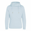 A light blue AWDis Just Hoods sweatshirt, model JH021, includes a front pocket and drawstrings. It features a crossover neckline and long sleeves.
