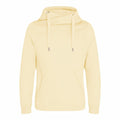 The AWDis Just Hoods JH021 is a light yellow hoodie featuring a front pocket and drawstring hood, showcased against a white background. Its simple, unadorned design embodies a casual style.