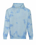 JH022 by AWDis Just Hoods, a light blue tie-dye hoodie featuring a front pocket and adjustable hood strings, showcased against a plain white background.