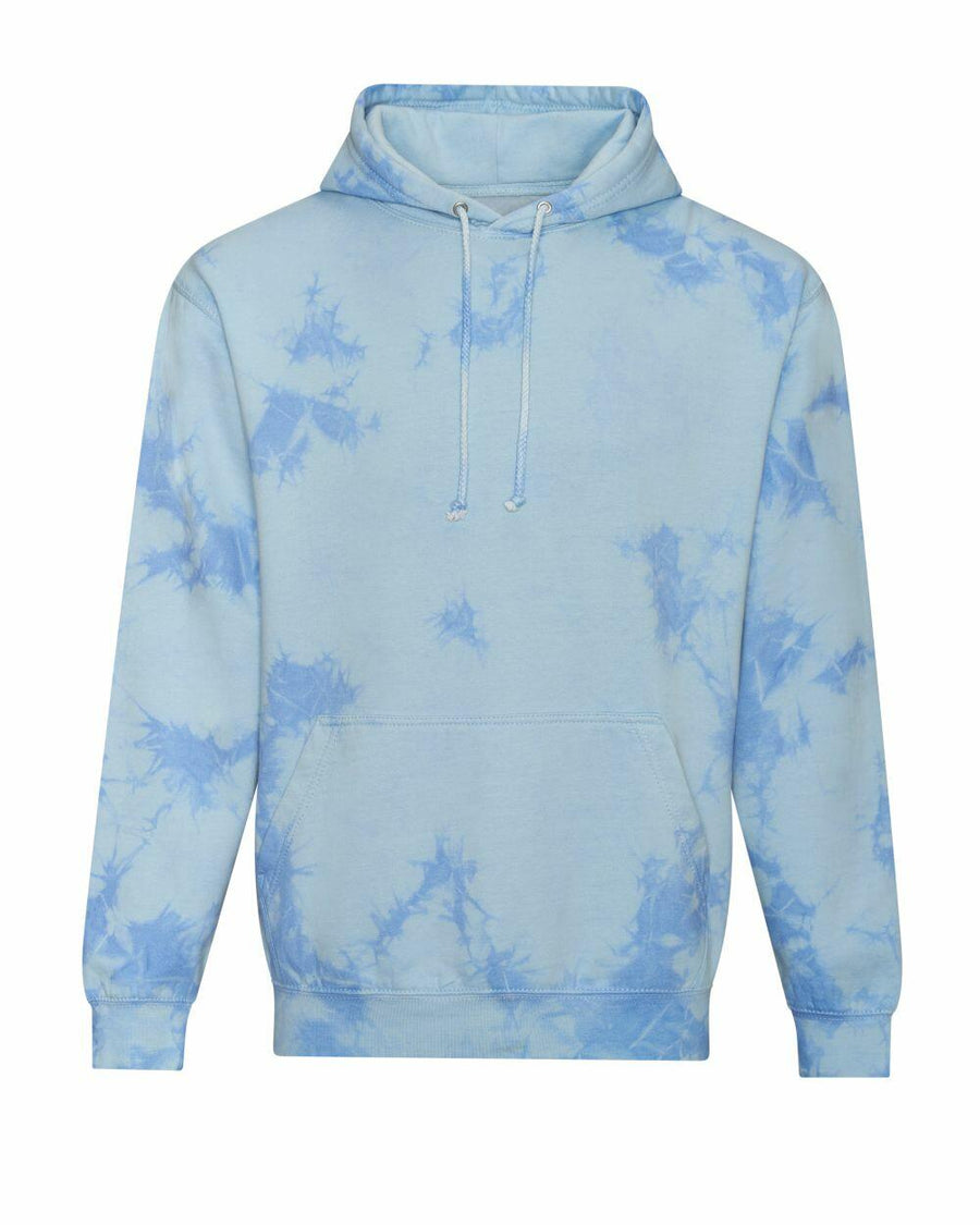 JH022 by AWDis Just Hoods, a light blue tie-dye hoodie featuring a front pocket and adjustable hood strings, showcased against a plain white background.