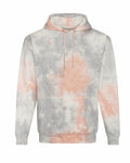 The JH022 by AWDis Just Hoods is a tie-dye hoodie showcasing pink and gray patterns, complete with a front pocket and drawstring hood.