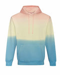 The JH022 by AWDis Just Hoods is a hoodie that showcases a gradient design transitioning from pink at the top to yellow in the middle, and blue at the bottom. It comes with a front pocket and drawstrings.
