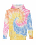 Introducing the JH022 by AWDis Just Hoods, a tie-dye hoodie with a spiral pattern in pastel shades of pink, yellow, and blue. This cozy piece includes a front pocket and a drawstring hood.