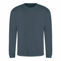 The JH030 by AWDis Just Hoods is a dark green long-sleeve crew neck sweatshirt featuring a plain design without any visible logos or patterns.