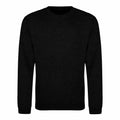 An AWDis Just Hoods JH030 sweatshirt, featuring a plain black crew-neck design with long sleeves, is displayed against a white background. The fabric looks soft and comfortable, showcasing a simple and minimalist aesthetic.