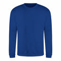A JH030 sweatshirt by AWDis Just Hoods, featuring a plain blue design with a crew-neck and long sleeves, set against a white background.