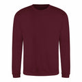 AWDis Just Hoods presents the JH030: a simple, maroon sweatshirt featuring long sleeves and a crew neck, displayed against a white background.