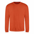 An orange JH030 sweatshirt from AWDis Just Hoods, featuring a plain design with long sleeves and a crew neck, displayed against a white background.