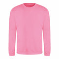 A JH030 crew neck sweatshirt in a plain, light pink color with long sleeves by AWDis Just Hoods, displayed against a white background.