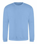 The AWDis Just Hoods JH030 sweatshirt, featuring long sleeves and a crew neckline in plain light blue, is displayed against a white background. The fabric looks soft and comfortable, making it ideal for casual wear.