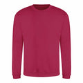 A plain red crewneck sweatshirt, identified as product JH030 by AWDis Just Hoods, featuring long sleeves is displayed against a white background. The fabric looks soft and lightweight, making it perfect for casual wear.