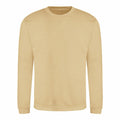AWDis Just Hoods' JH030 is a beige crew neck sweatshirt featuring long sleeves. It is presented on a white background, showcasing its simple design without any visible logos or patterns.