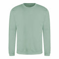 A plain, mint green crewneck sweatshirt from AWDis Just Hoods, identified as product JH030, features long sleeves and is showcased against a white background. The fabric seems soft and slightly textured, complemented by ribbed cuffs and a waistband.