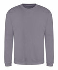 A JH030 sweatshirt by AWDis Just Hoods, featuring a plain gray design with long sleeves and a crew neck, is showcased against a white background. The front-facing display emphasizes its simple and minimalist style.