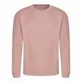 A JH030 crewneck sweatshirt by AWDis Just Hoods, featuring long sleeves and a plain pastel pink design, is displayed against a white background. The simple and unadorned style emphasizes the soft, solid color of the fabric.