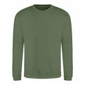 The JH030 sweatshirt by AWDis Just Hoods features a plain olive green design with long sleeves and a crew neck, displayed against a white background.